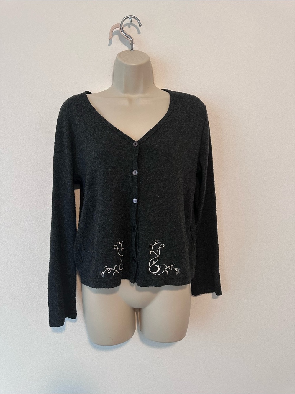 Dark Gray V-Neck Button Cardigan Sweater with Embroidered Hem